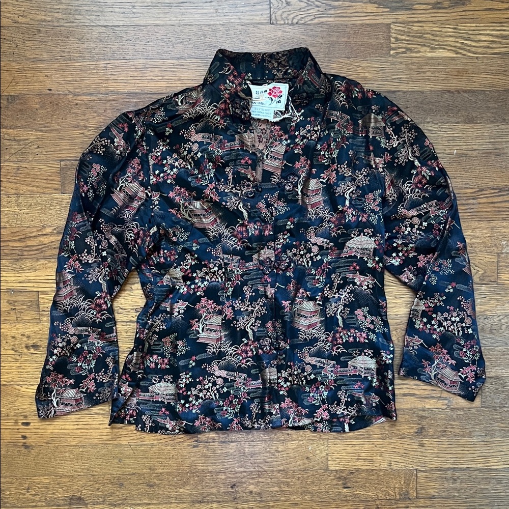 Vintage Peony Shanghai China Silk Satin Button Down Blouse